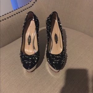 Safety pin black suede platform heels